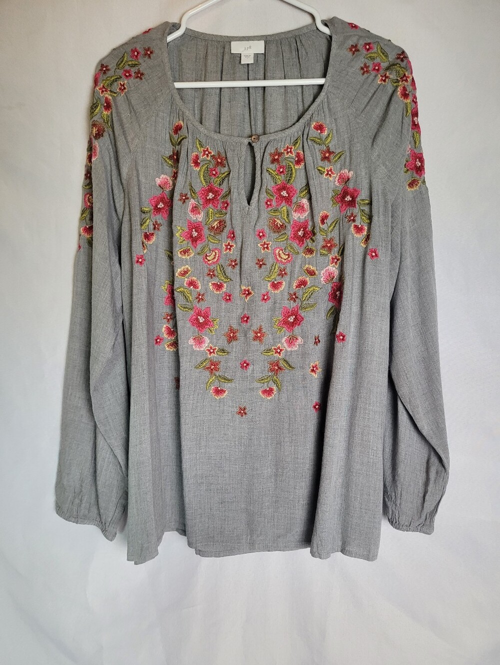 J.Jill Cascading Flowers Embroidered Boho Peasant Top Gray Women's Size Large
